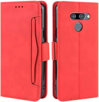 Луксозен кожен калъф тефтер стойка и клипс и визитник FLEXI за LG Q60 червен 